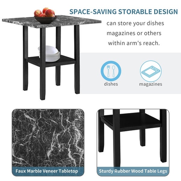 5 piece kitchen table， faux marble countertop， bottom shelf and 4 black leather upholstered chairs