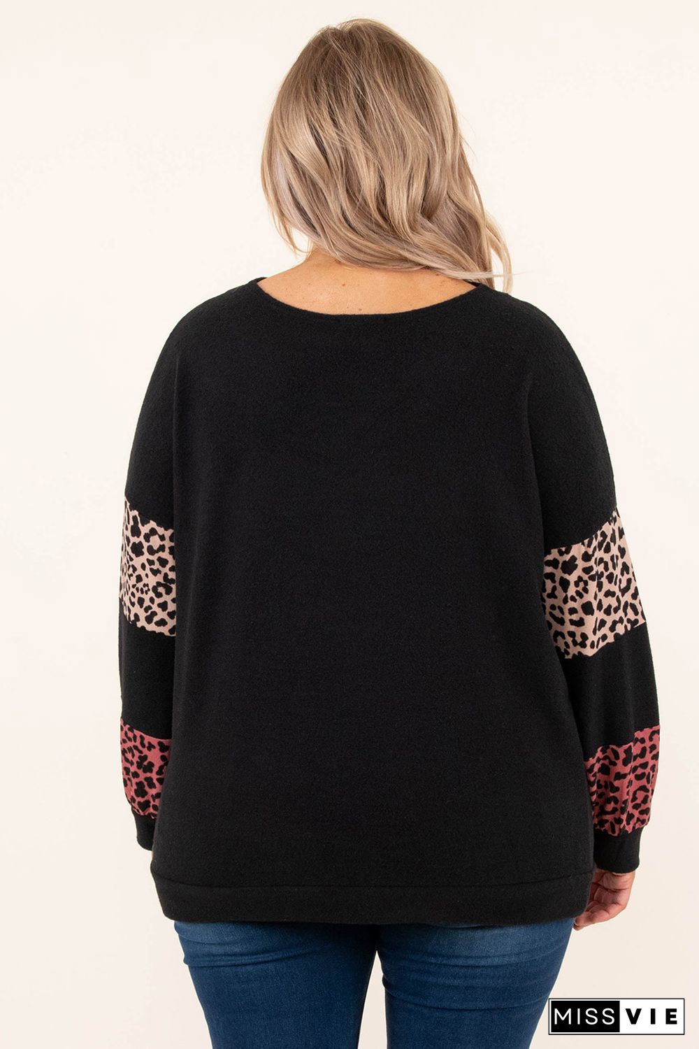 Black Plus Size Leopard Patchwork Strappy Neck Top