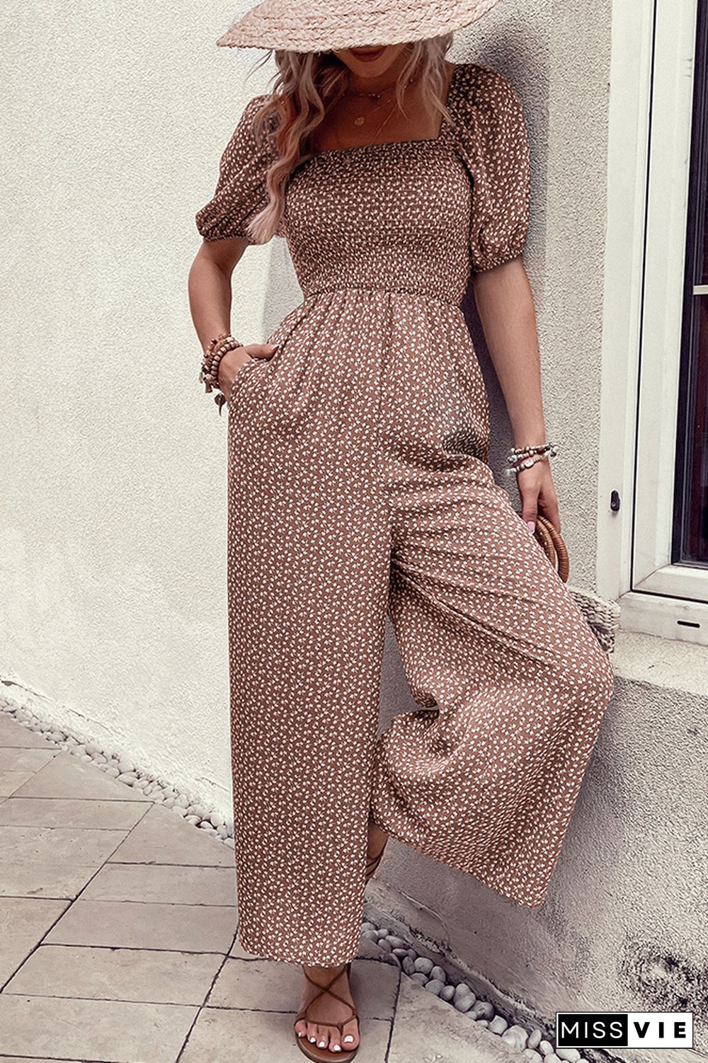 Printed Squared Neck Smocked Puff Wide Leg Jumpsuit