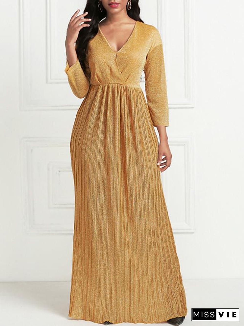 Women's Maxi long Dress 3/4 Length Sleeve Pleated Summer Hot Formal  Gold S M L XL XXL