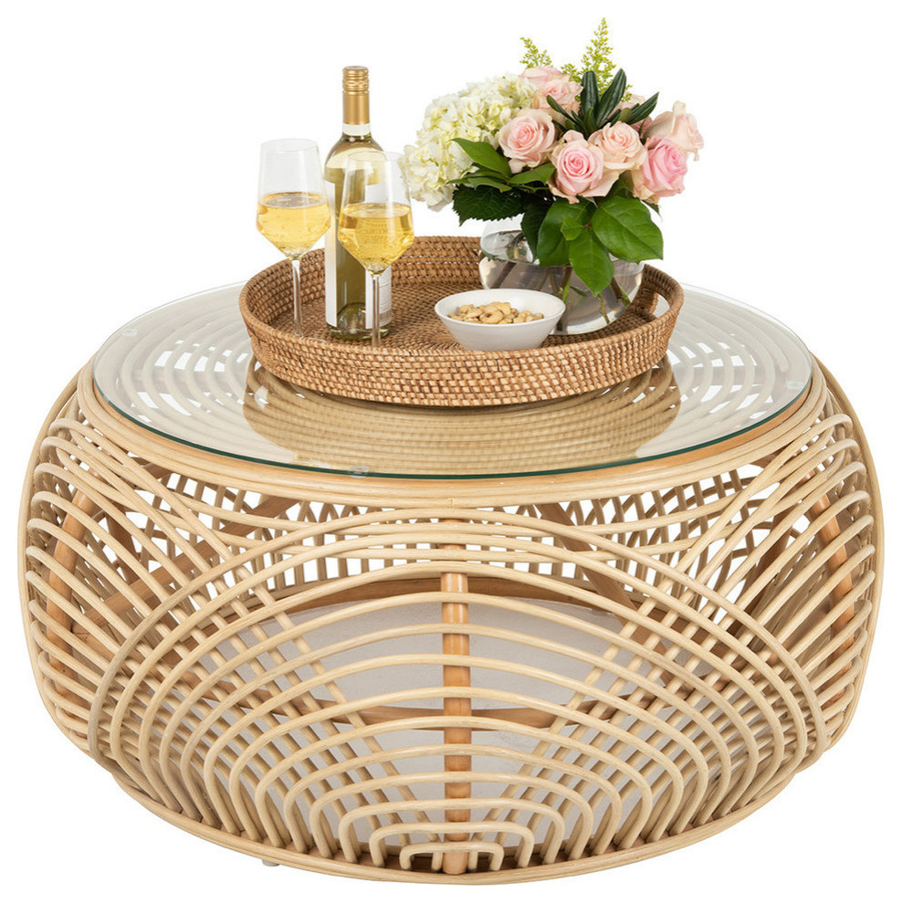 Sibago Rattan Coffee Table With Glass Top  Natural   Tropical   Coffee Tables   by KOUBOO  Houzz