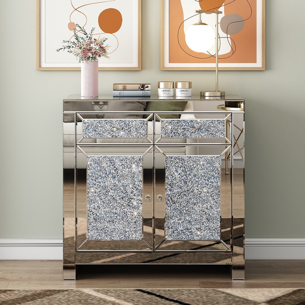 2 Door Mirrored Accent Cabinet Sideboard with Crushed Diamond