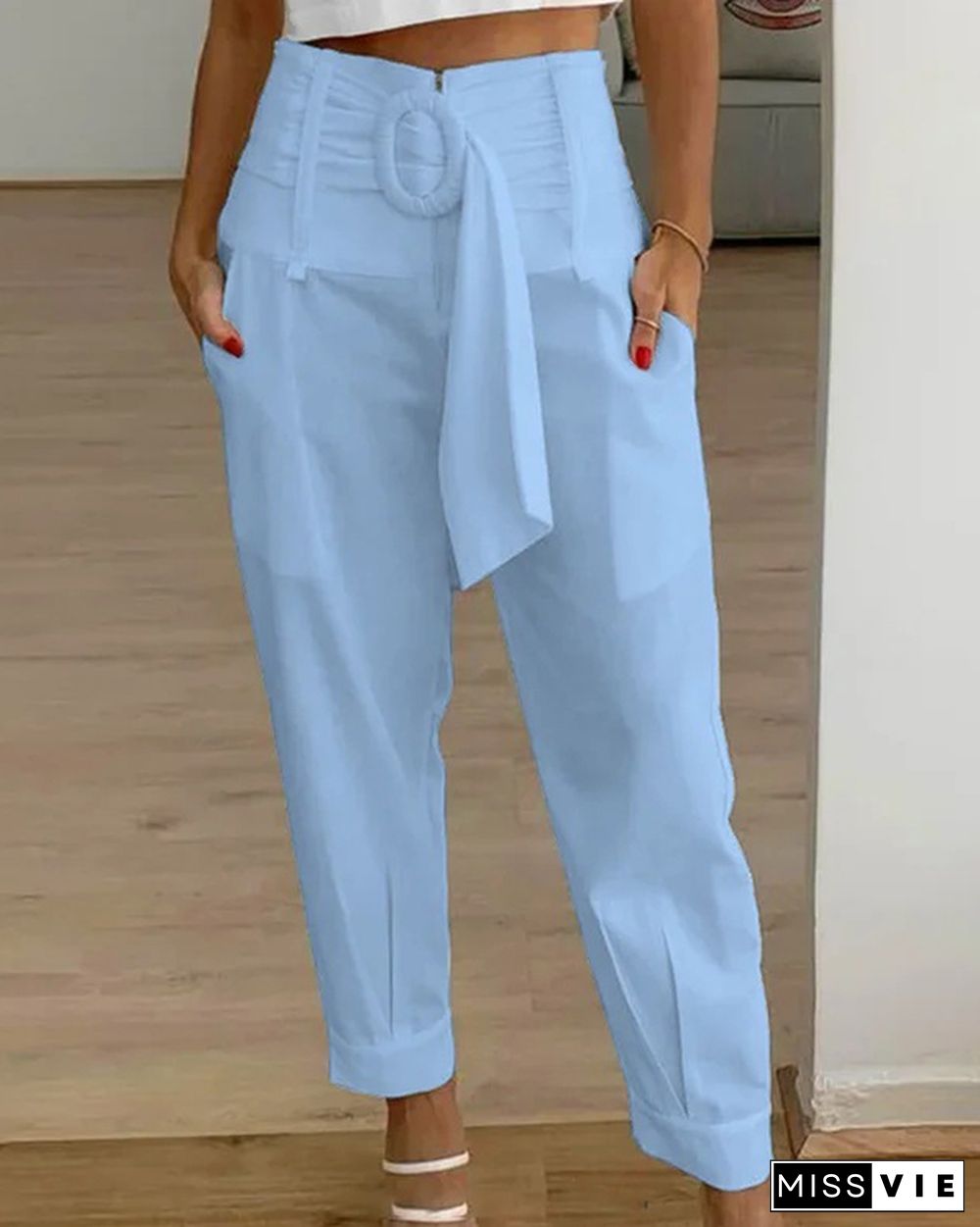 Women's Solid Color Casual Pants with Belt