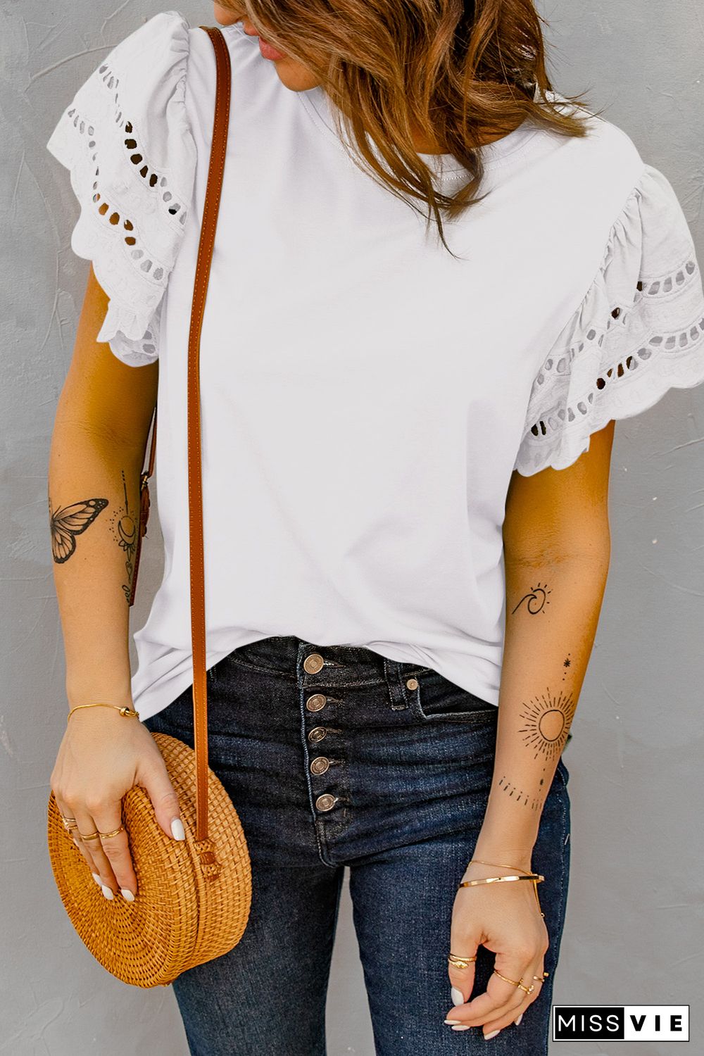 White Hollow Out Ruffle Sleeve T-shirt