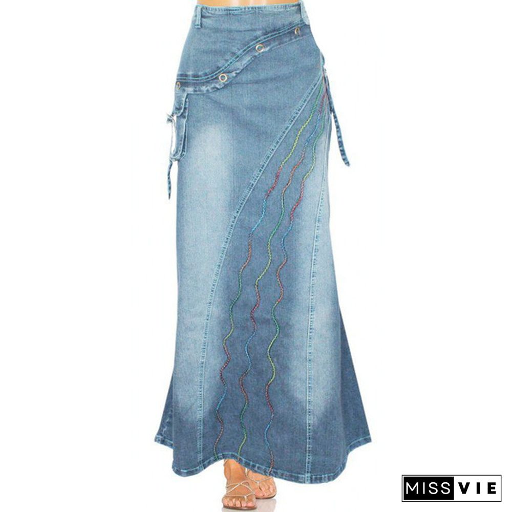 Women Fashion Casaul Stretch Cargo Denim Skirt Bell Skirt Floor Length Washed Denim Jeans Skirt Plus Size