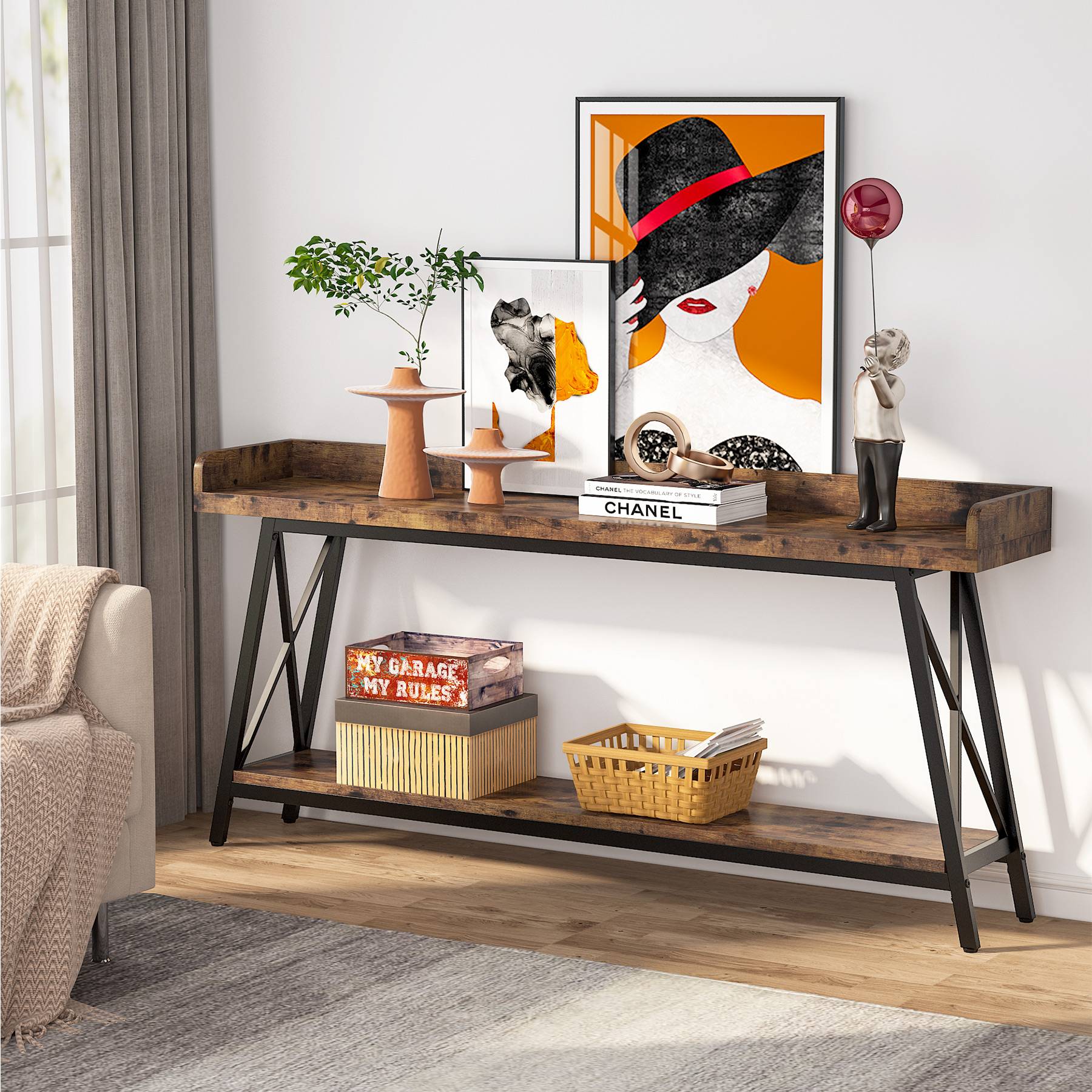 Industrial Console Table, 2-Tier Narrow Sofa Table Behind Couch