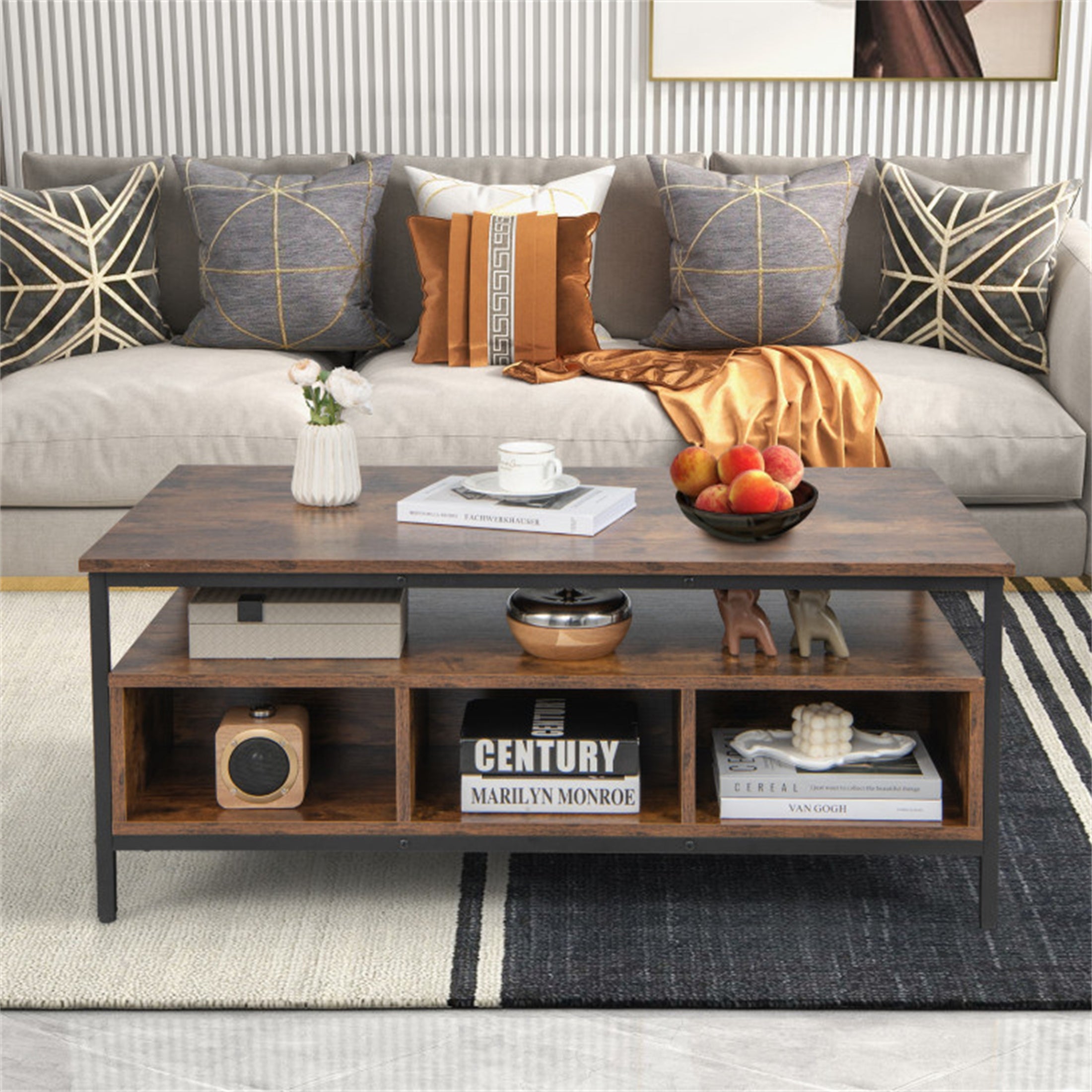 Heavy Duty Metal Frame 3 Tier Industrial Style Coffee Table