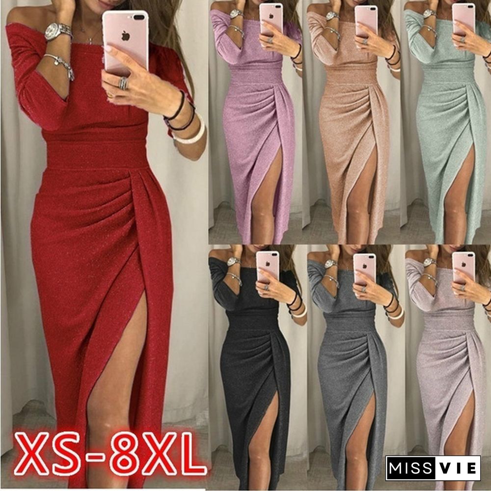 Women Off Shoulder Party Dresses High Slit Bodycon Dress Long Sleeve Fashion Prom Dress Skirt Plus Size Xs-8Xl