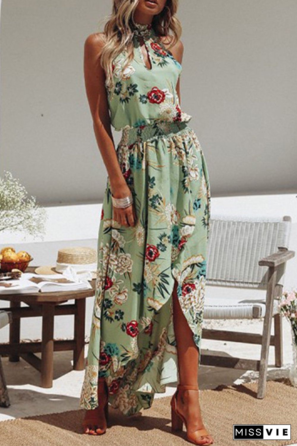 Elegant Floral Hollowed Out Halter Irregular Dresses