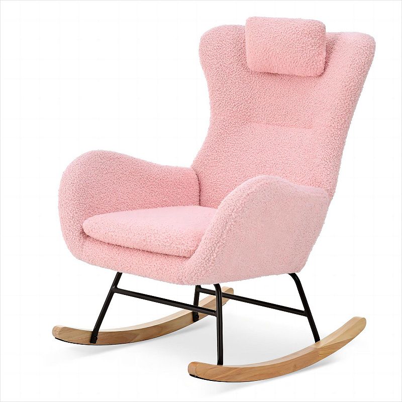 Soft Foam Swinging Rocking Chair With Rubber Wood Leg And Cashmere Teddy Fabric Cover