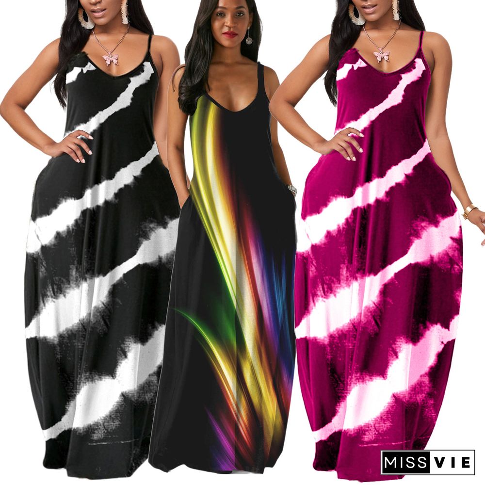 Plus Size Printed Summer Women Sexy Sleeveless Sleeveless Strap V Neck Party Maxi Long Dresses