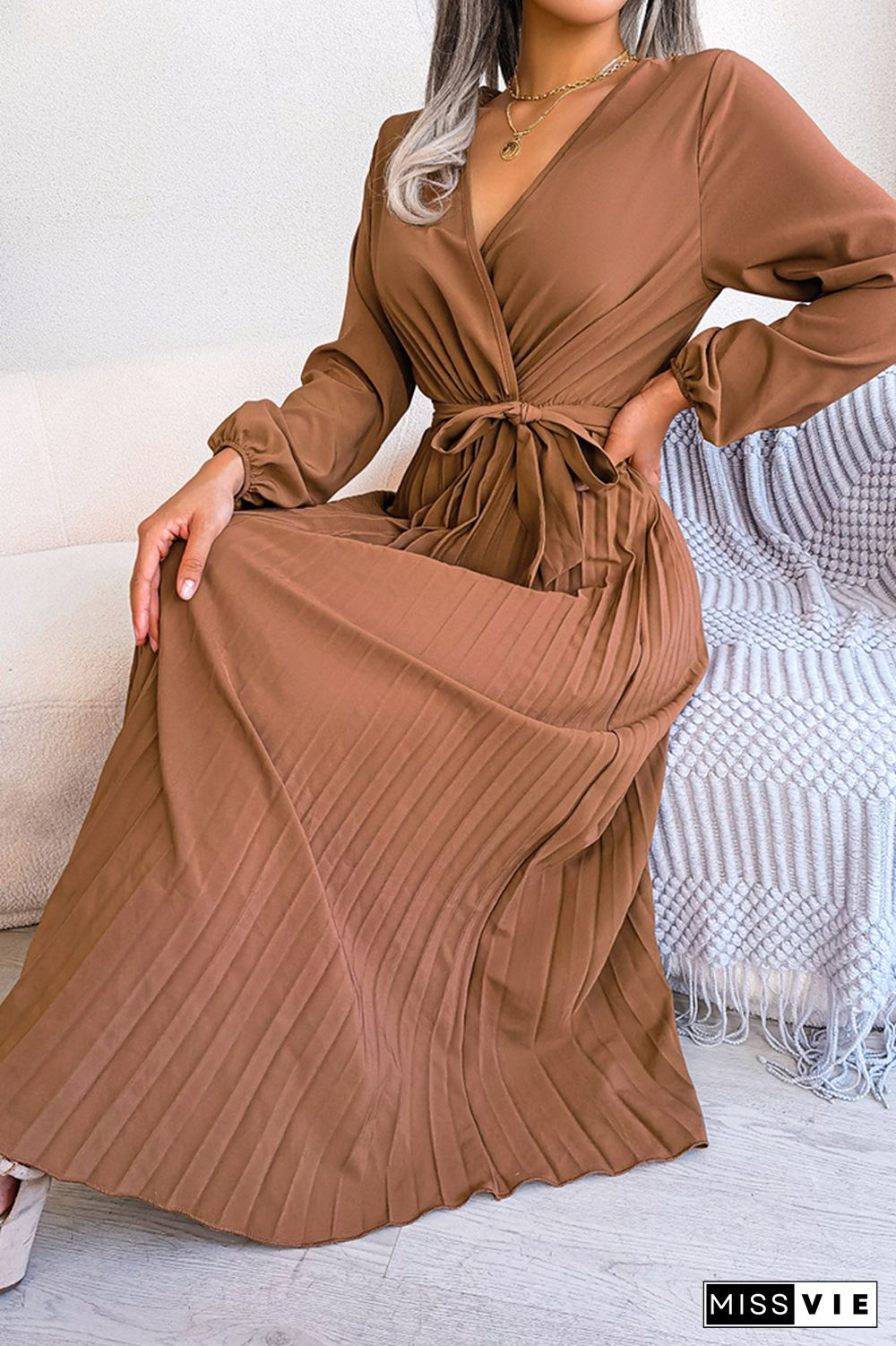 Plain Wrap V Neck Pleated Maxi Dress