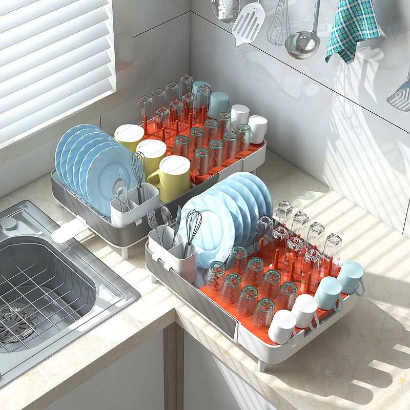 Expandable Dish Drying Rack Adjustable Dual-part Dish Drainer With Detachable Utensil Holder