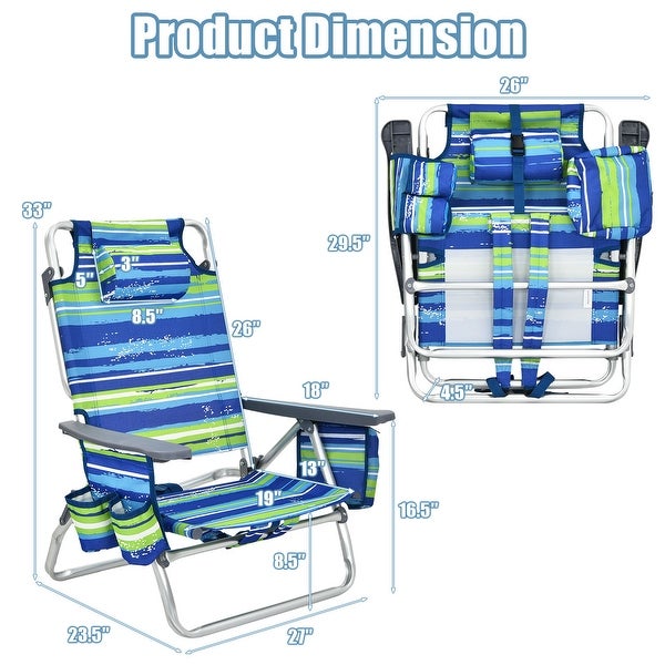 2PCS Folding Backpack Beach Chair 5-Position Outdoor Reclining Chairs