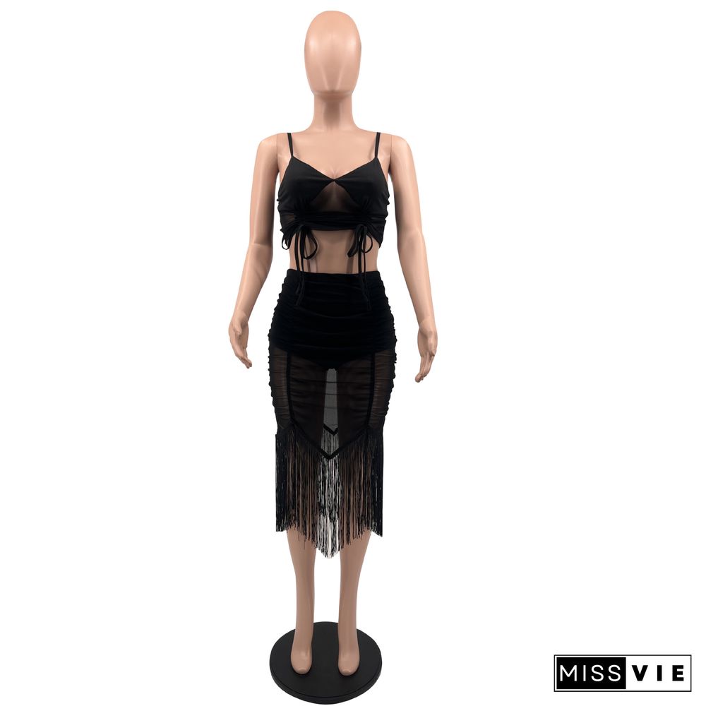 Camisole Crop Top Ruched Sheer Mesh Tassel Skirts Set