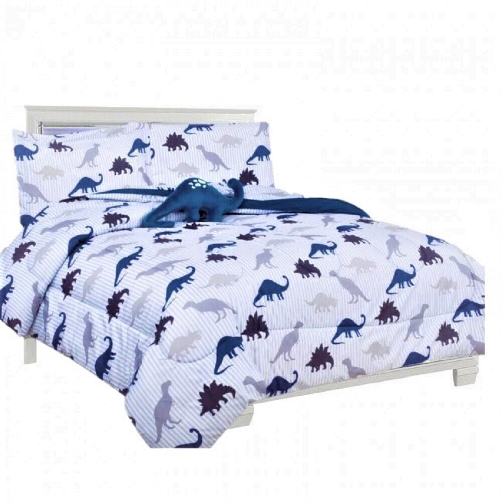 Bed in bag comforter for kids with matching sheet set and pillow plush toy super soft easy wash girl boy bed décor dinosaur white print design in TWIN size