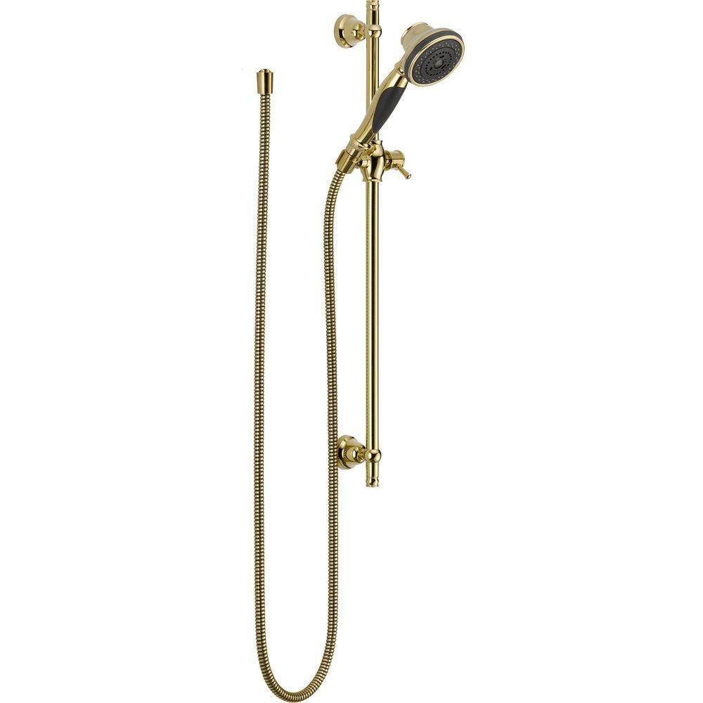 Delta 3-Spray Patterns 1.75 GPM 3.75 in. Wall Mount Handheld Shower Head with Slide Bar in Polished Brass 57021-PB