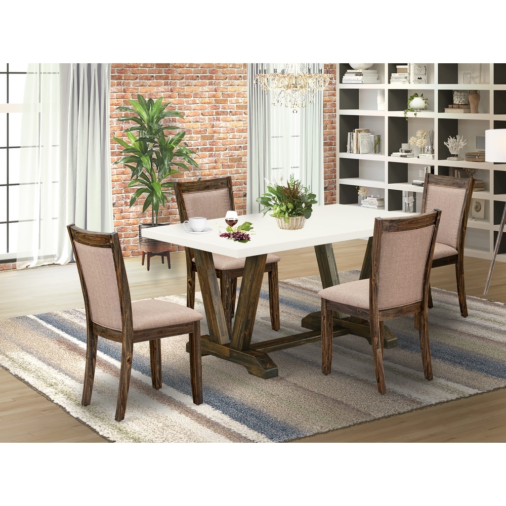 East West Furniture Dinette Set  a Dining Table and Dark Khaki Linen Fabric Parson Chairs  Distressed Jacobean(Pieces Options)