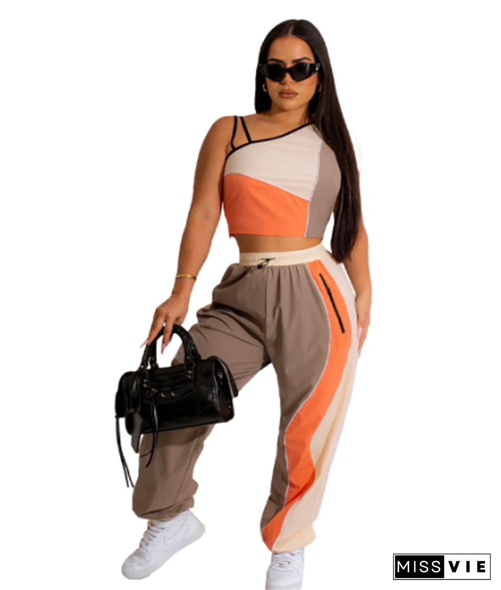 Color Block Skew Collar Sleeveless Tops Pants Set