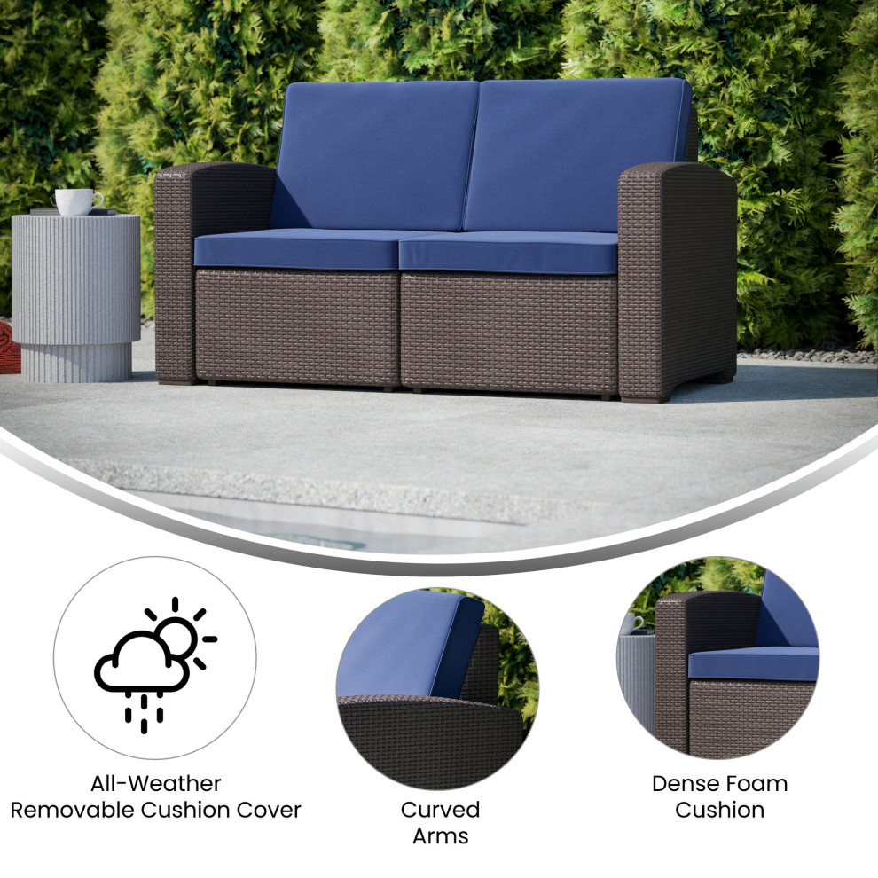 Chocolate/Navy Rattan Loveseat   Transitional   Outdoor Loveseats   by PARMA HOME  Houzz