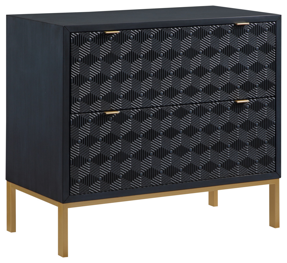 Tessa 2 Drawer Storage Accent Chest With Raised Geometric Pattern Black and Gold   Contemporary   Accent Chests And Cabinets   by Coast to Coast Imports  LLC  Houzz