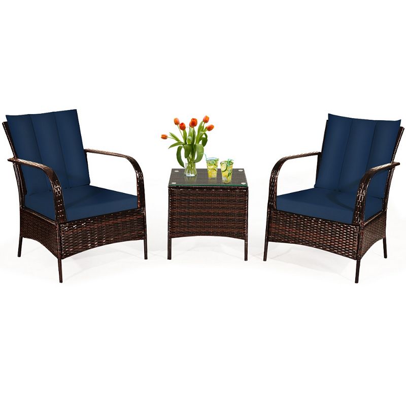 3 Pcs Patio Conversation Rattan Furniture Set with Glass Top Coffee Table and Cushions