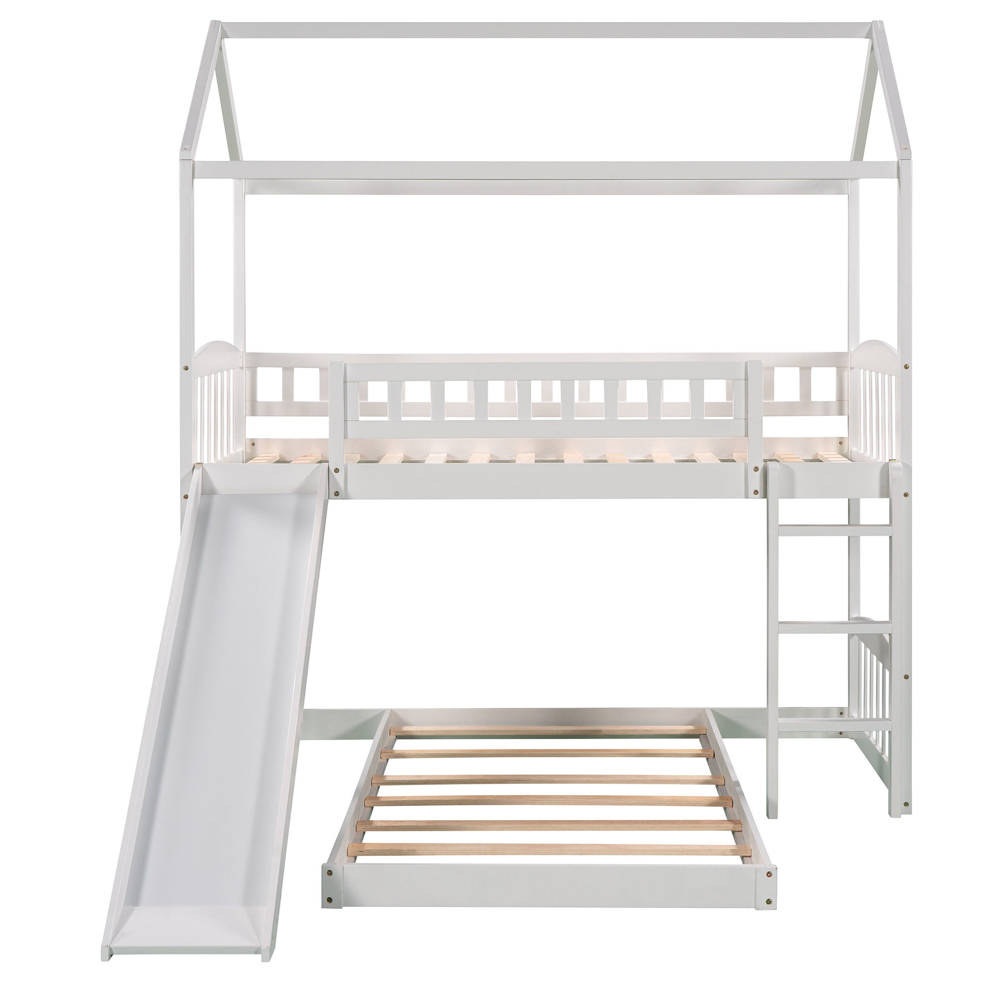 Bellemave House Bunk Bed with Slide, Wood Twin Over Twin L-Shape Bunk Bed Frame with Ladder for Kids Teens (White)