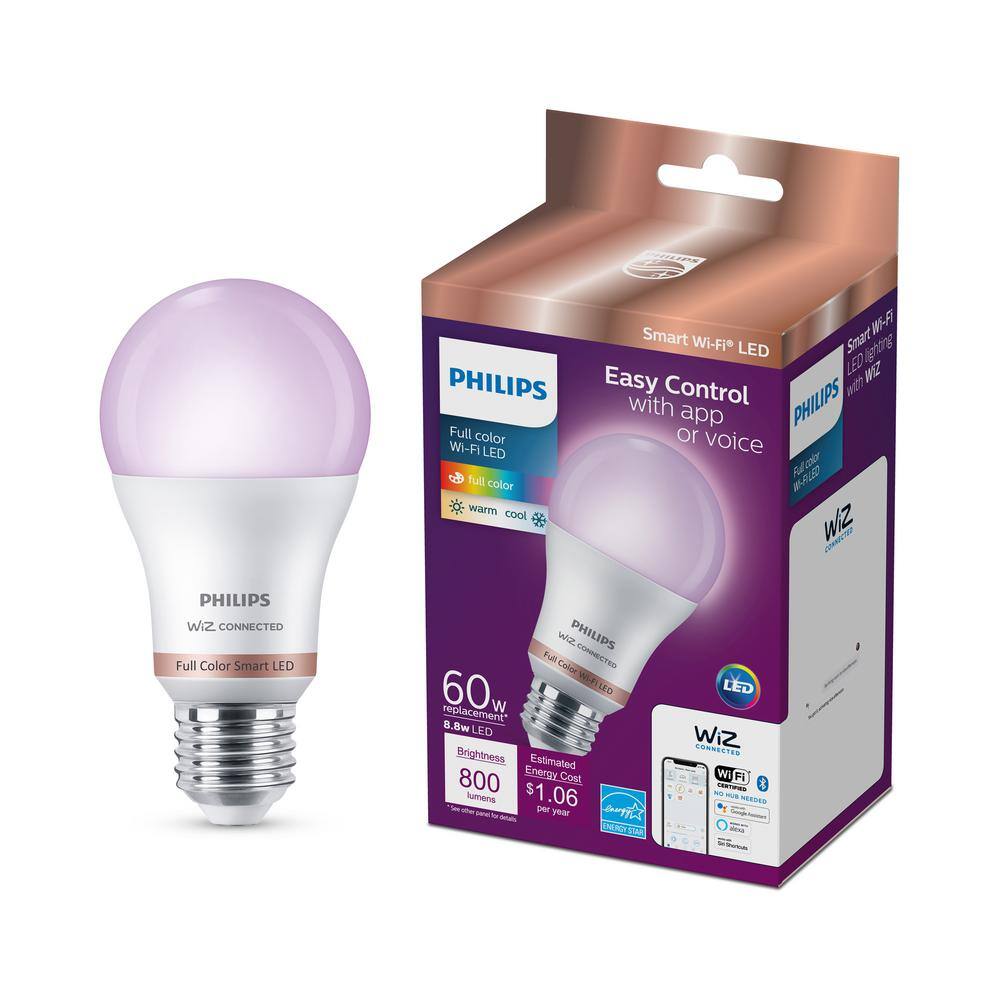 Philips 60-Watt Equivalent A19 LED Smart Wi-Fi Color Changing Smart Light Bulb powered by WiZ with Bluetooth (2-Pack) 562702