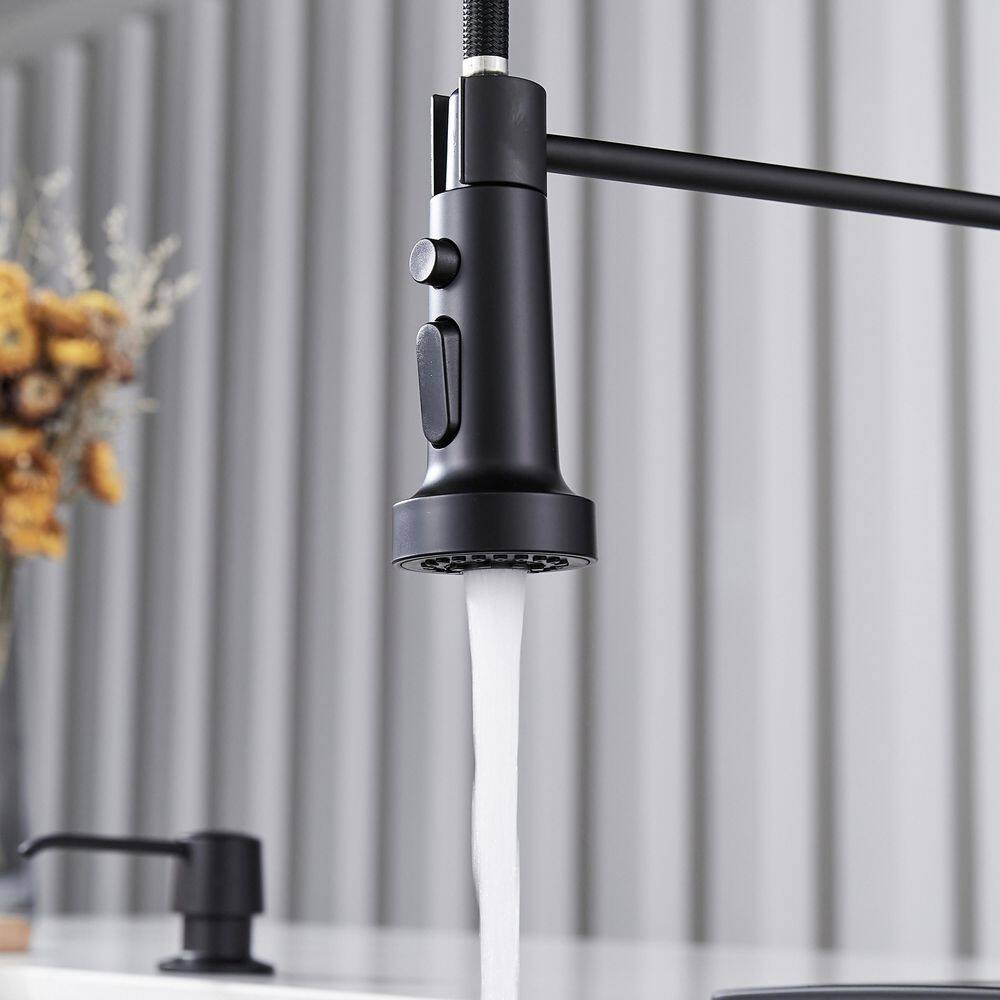 FORIOUS Single Spring Handle Kitchen Faucet with Pull Down Sprayer Kitchen Sink Faucet with Deck Plate in Matte Black HH51000B