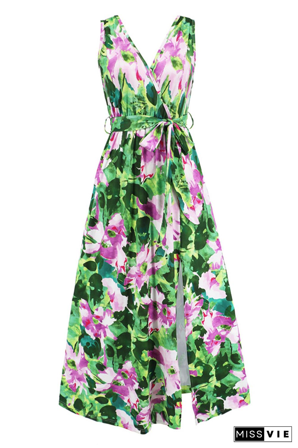 Wrap V Neck High Split Sleeveless Floral Maxi Dress