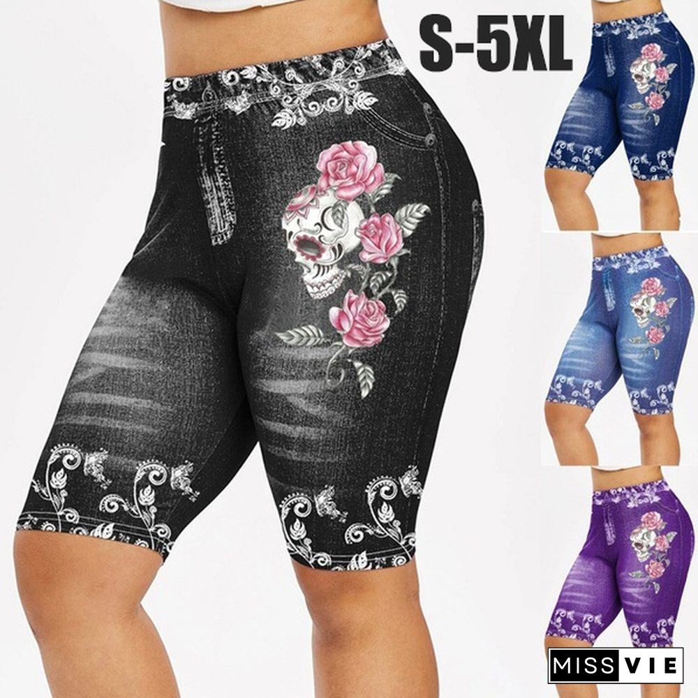 Casual shorts for women New Women Fashion S-5XL Skinny Skull Flower Print Casual Jeggings Yoga Leggings Faux 3D Denim Jean Shorts Pants Plus Size