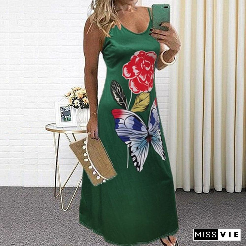 New Plus Size Fashion Women's V-neck Sleeveless butterfly Printing Dress Summer Beach Party Loose Casual Long Skirt Dress S-5XL