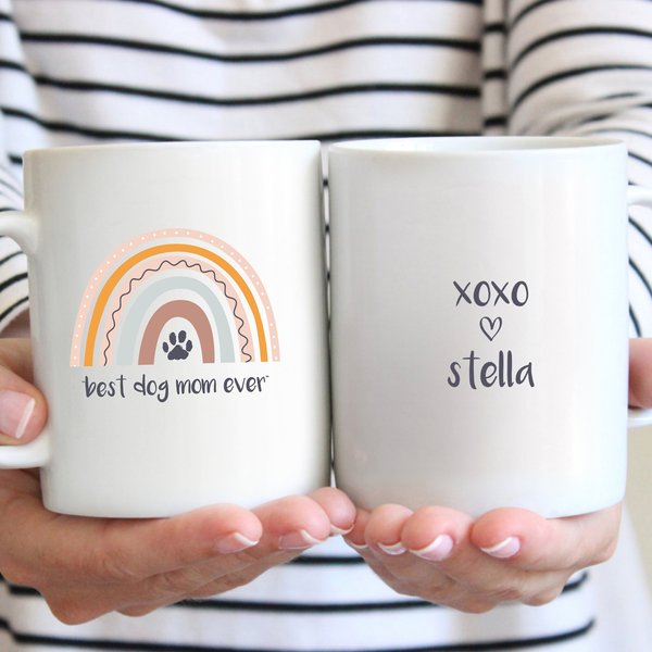 904 Custom Personalized Boho Rainbow Best Dog Mom Double Sided Mug， 11-oz