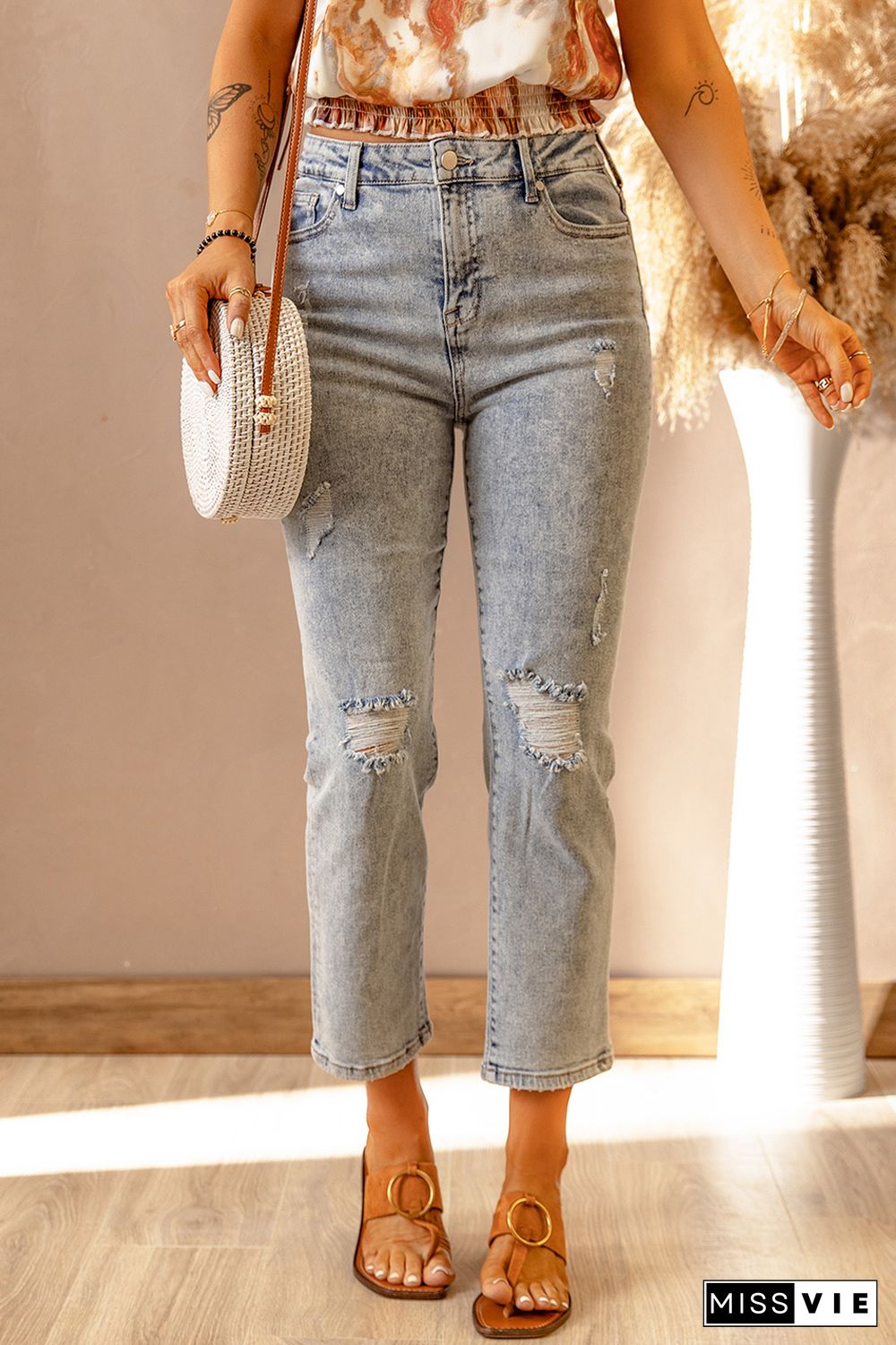 Sky Blue Light Wash Ripped Straight Leg High Rise Jeans