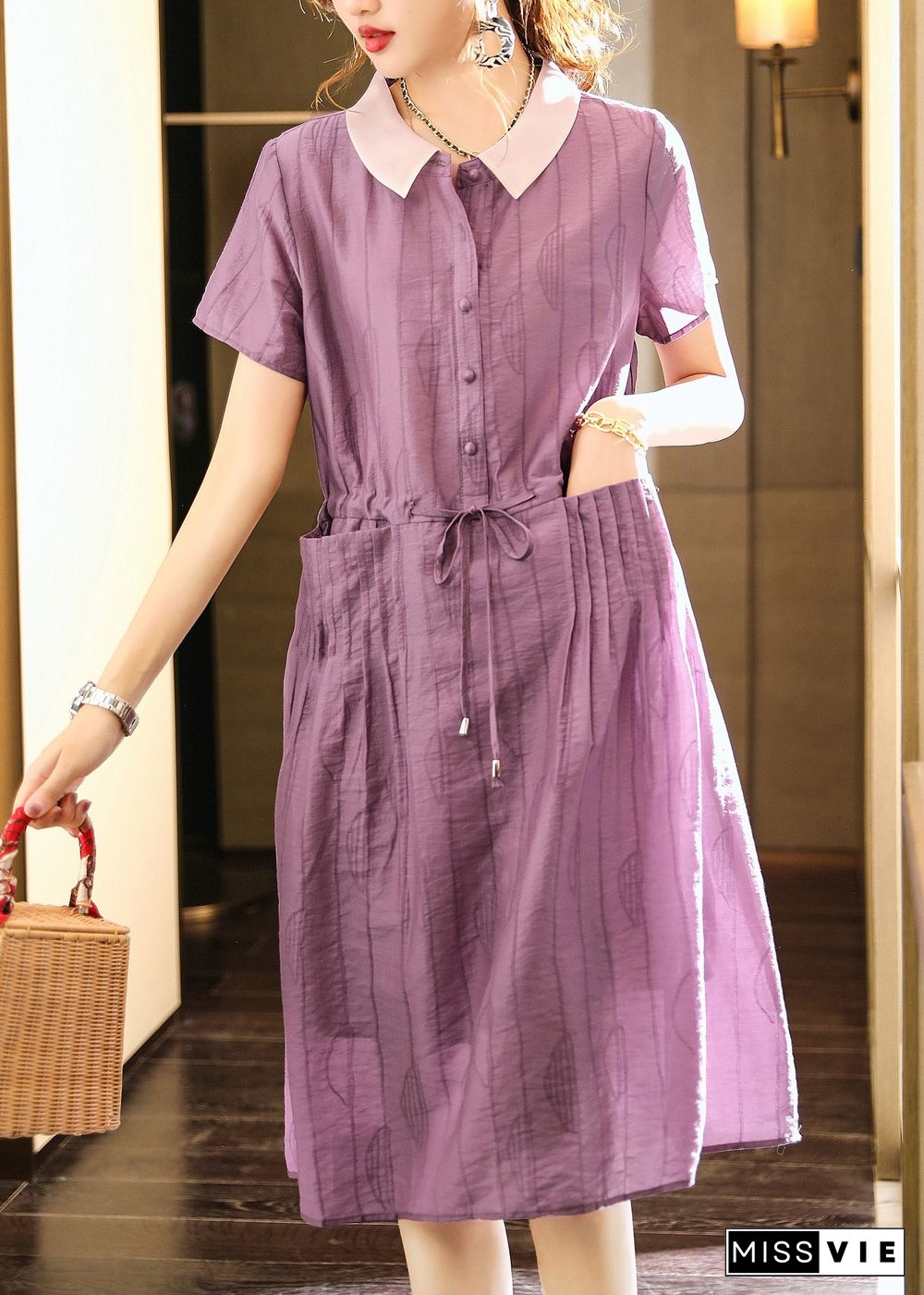 Italian Purple O-Neck Patchwork Drawstring Button Party Long Dress Summer