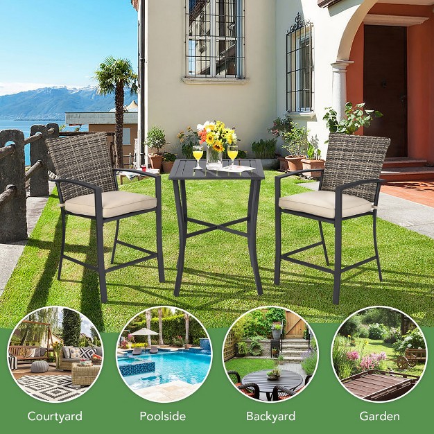 3pcs Patio Rattan Bar Furniture Set Slat Table 2 Cushioned Stools Poolside Gray