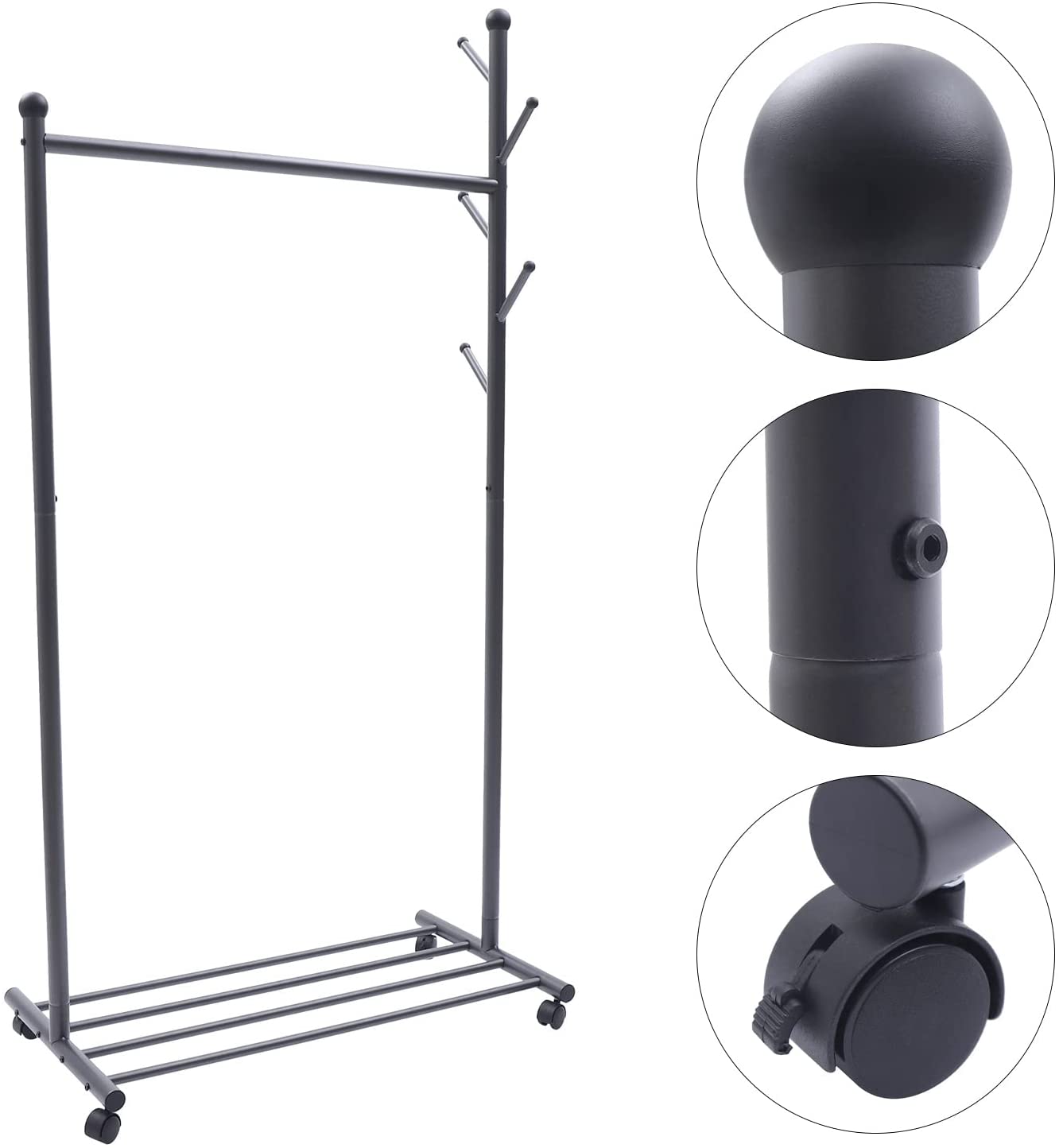 Flkoendmall Clothes and Hat Rack Movable Garment Hanger+ Shoes Shelf+HatandBags Hanging Hooks Gray