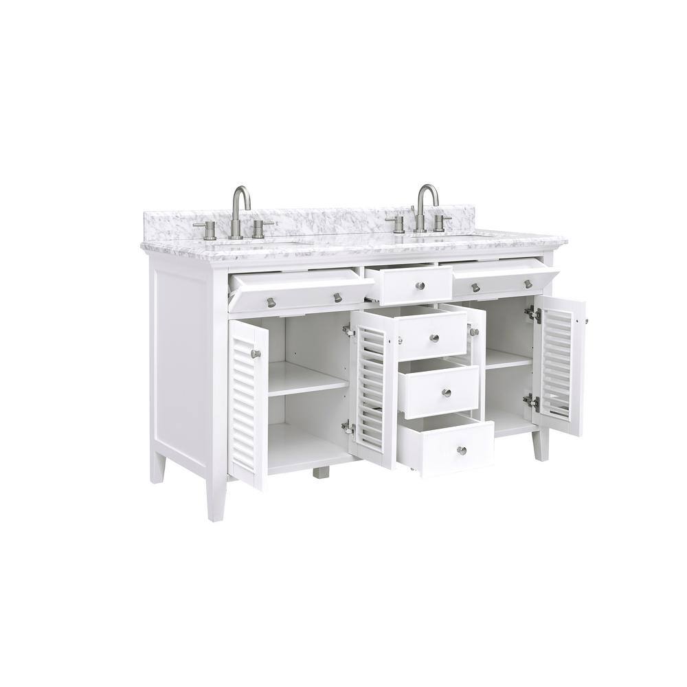 Home Decorators Collection Fallworth 61 in. W x 22 in. D x 35 in. H Bathroom Vanity in White with Carrara White Marble Top 19115-VS61-WT