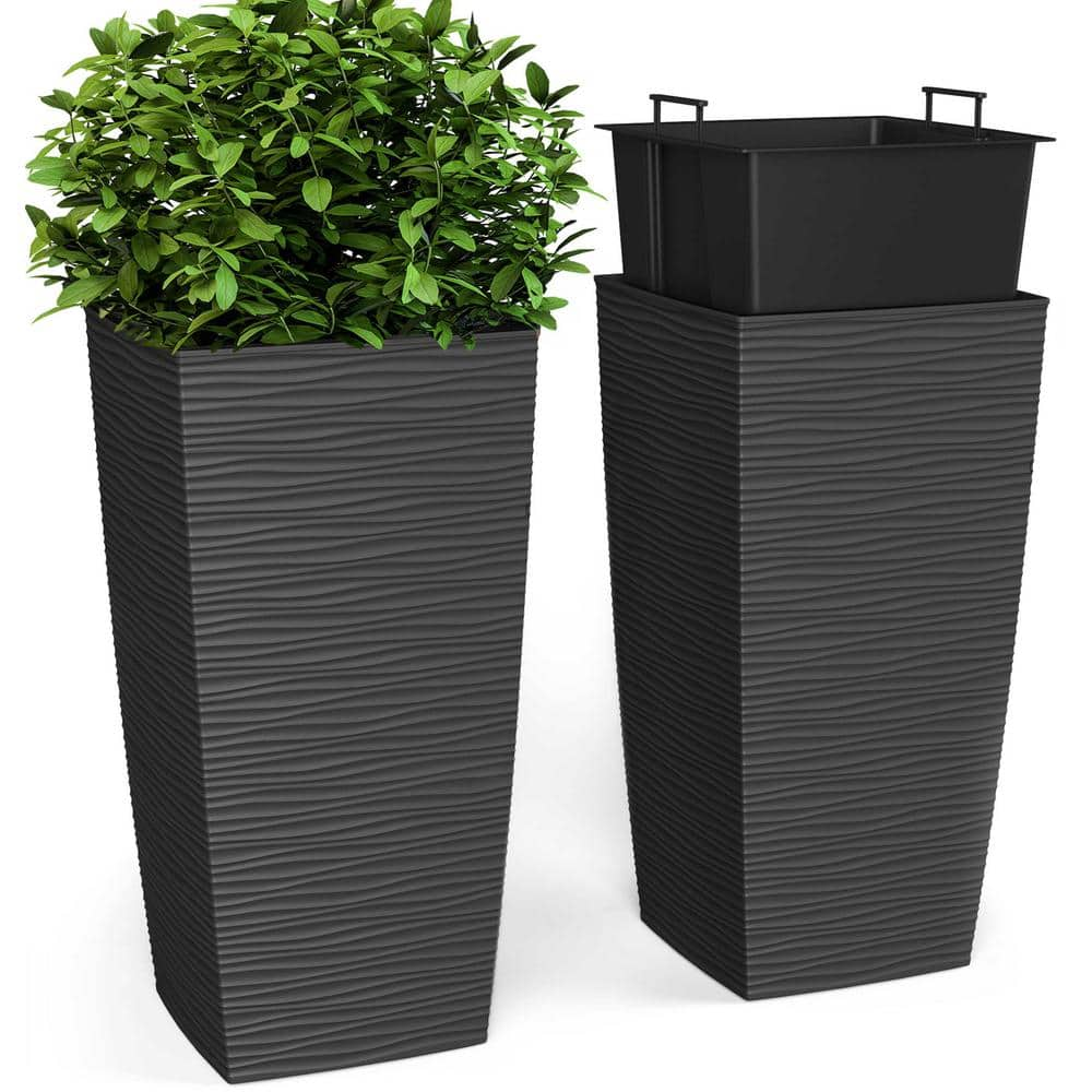 JANSKA 11.5 x 11.5 x 23in. EverGreen Dark Gray， M-Resin， Indoor/Outdoor Planter with Built-In Drainage， 2-Piece Duo Set， Large JAEG-3400DG