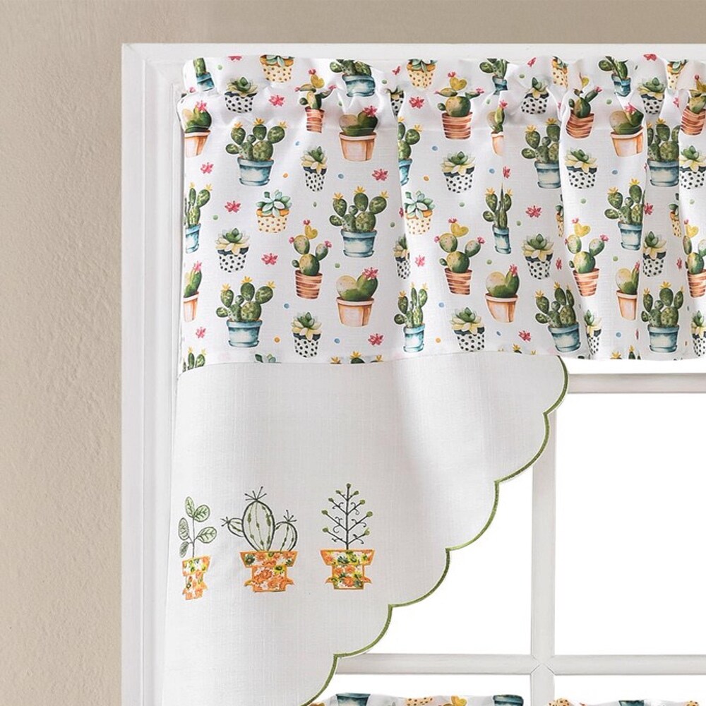 Urban Cactus Printed   Embroidered Kitchen Curtain Set