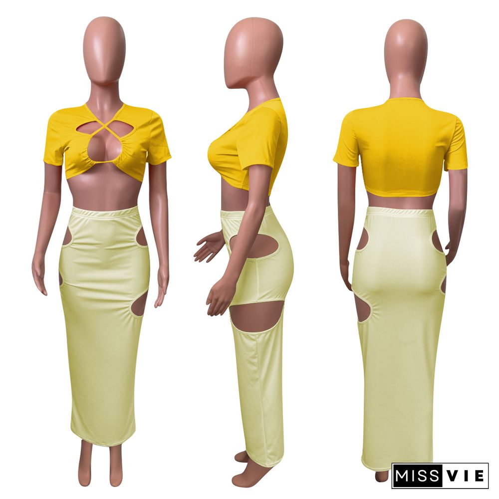 Sexy Ripped Drawstring Hemmed Skirt Set