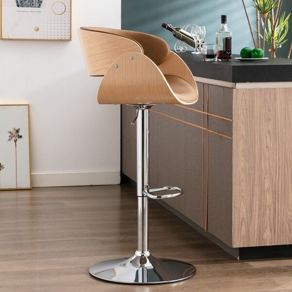 Adjustable Ecru Bent Wood Swivel Bar Stool， PU Leather