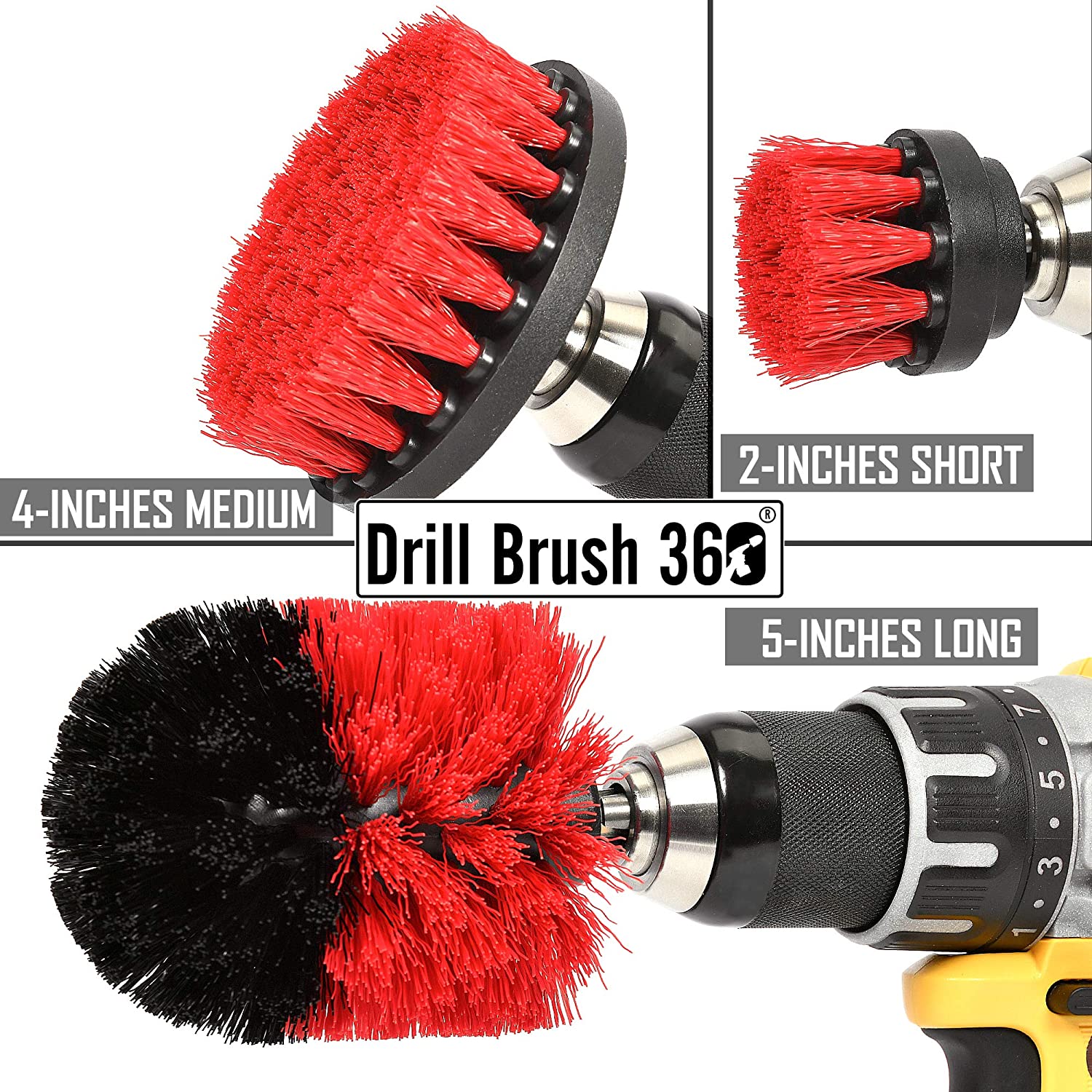 Original Drill Brush 360 Attachments 3 Pack kit Medium- Yellow All Purpose Cleaner Scrubbing Brushes for Bathroom Surface, Grout, Tub, Shower, Kitchen, Auto,Boat,RV