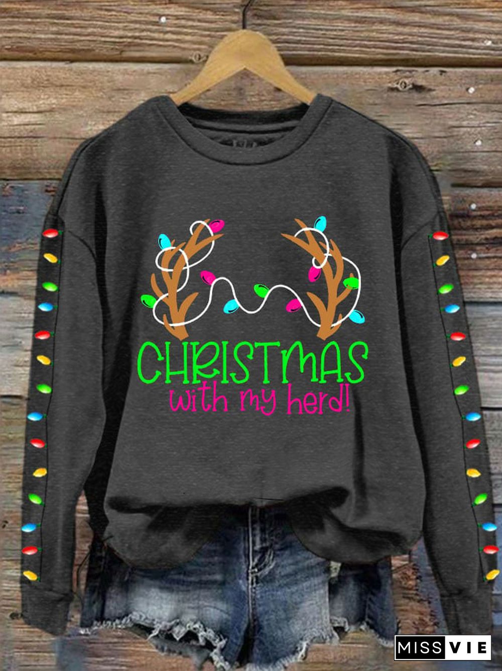 Women's Christmas With My Herd Print Crew Neck Sweatshirt