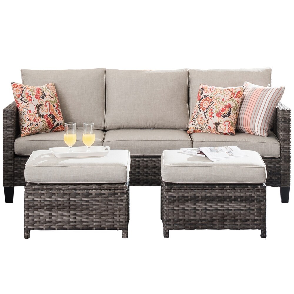 OVIOS 3 piece Outdoor High back Wicker Sectional Ottoman Set