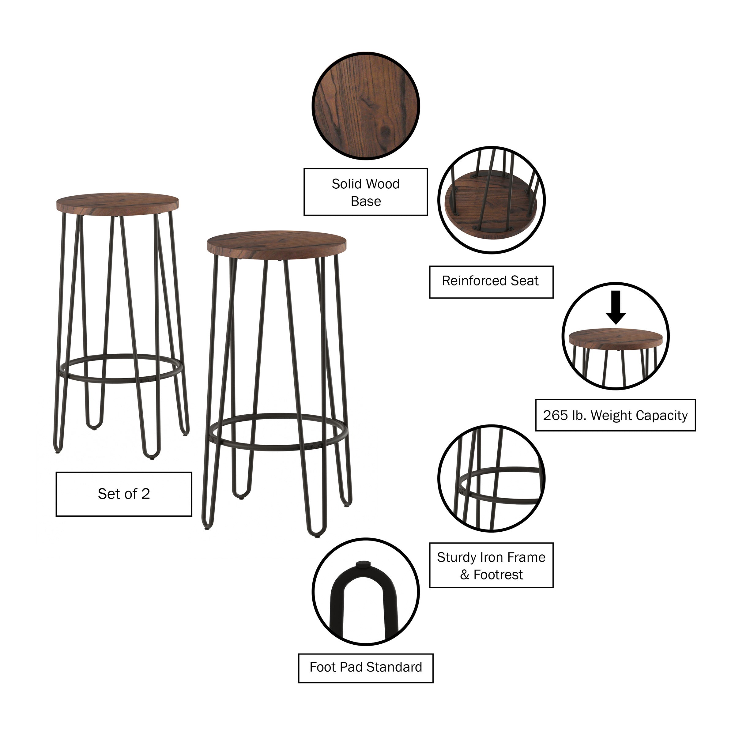 Lavish Home Set of 2 Counter-Height Bar Stools with Hairpin Legs (Brown)