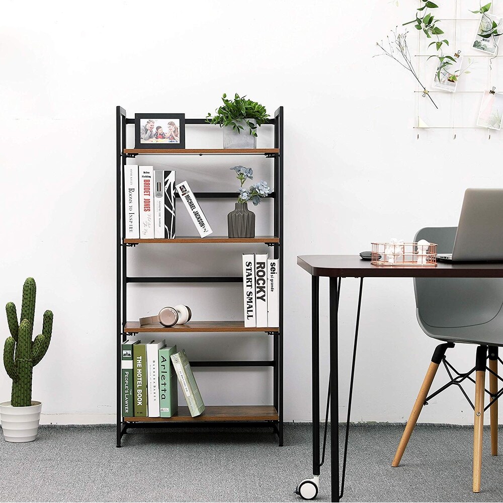 Industrial Bookshelf  Folding Bookcase  4 Tier Ladder Shelf  Wood Look Accent Furniture with Metal Frame