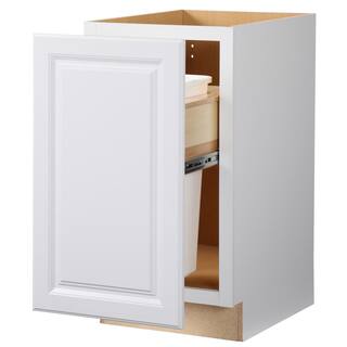 Hampton Bay Hampton Satin White Raised Panel Stock Assembled Pull Out Trash Can Base Kitchen Cabinet (18 in. x 34.5 in. x 24 in.) KBW18-SW