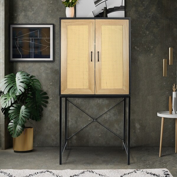 Wooden Cabinet with 2 Rattan Decorated Doors and 3-Tier Shelving