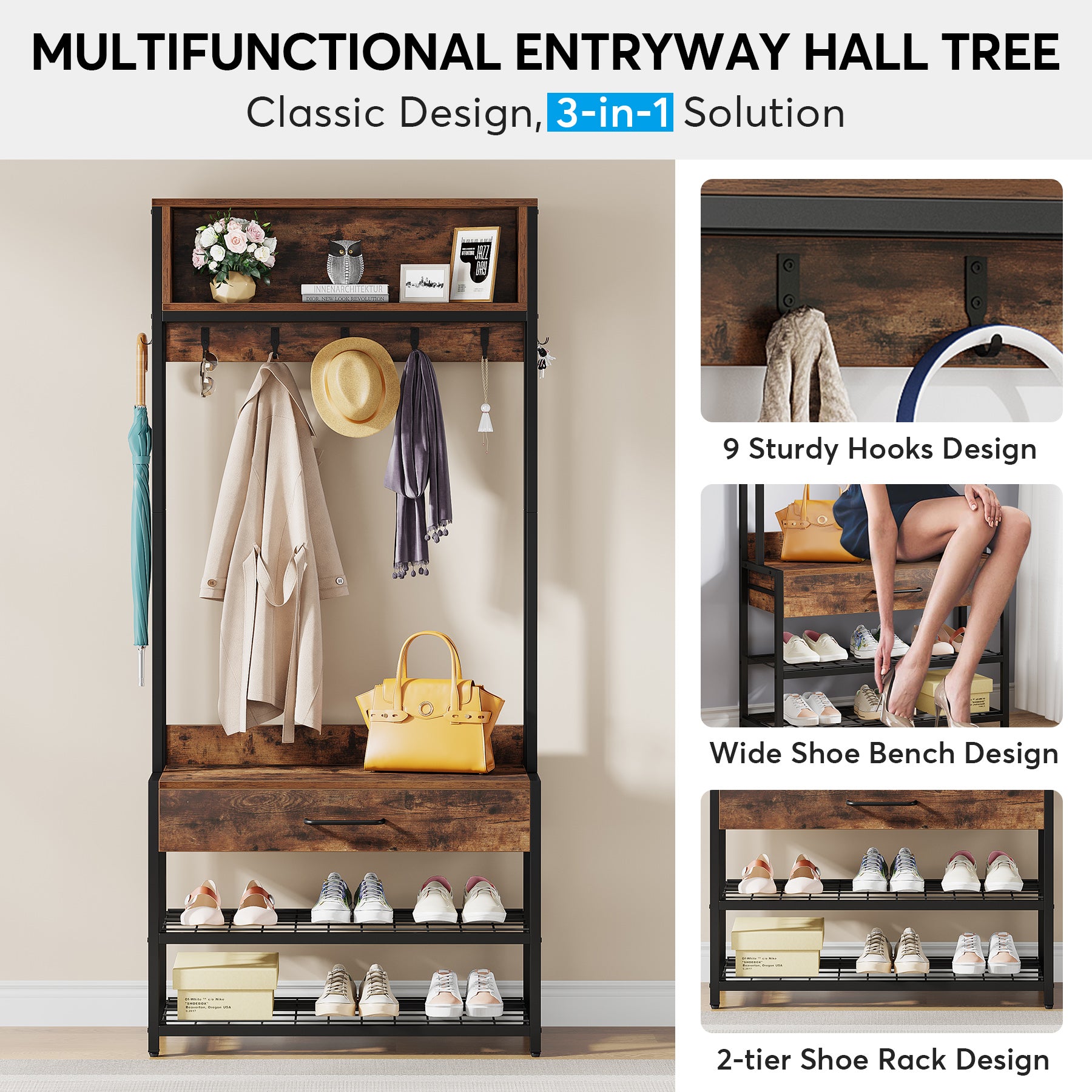 Industrial Coat Rack Shoe Bench, Entryway Hall Tree with Drawer & Hooks